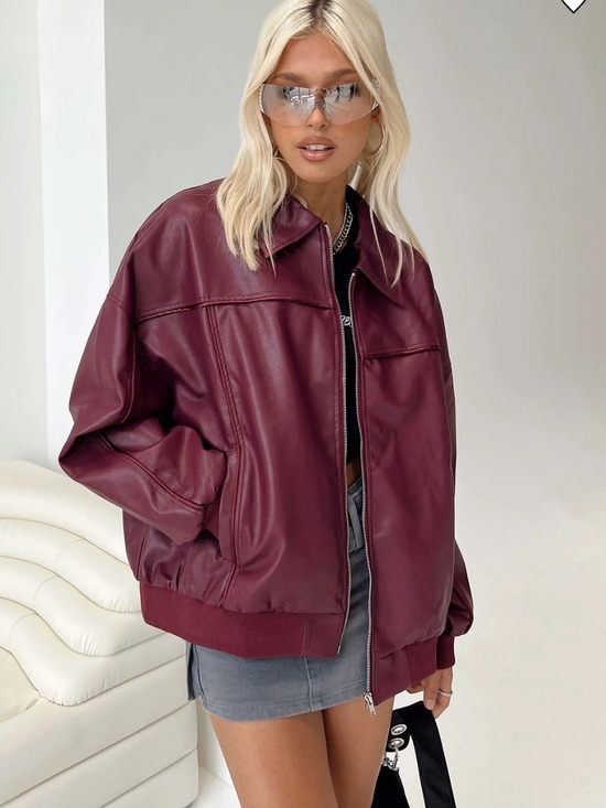 Princess Polly Jackets & Blazers - Princess Polly Burgundy Leather-Effect Bomber Jacket